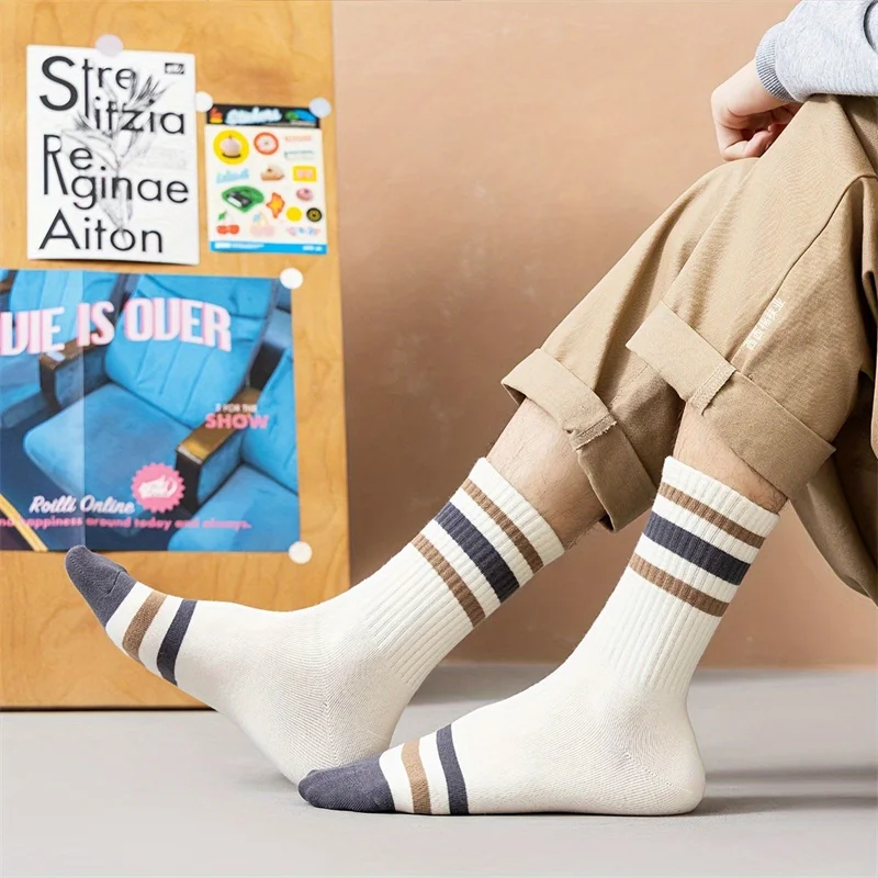 5 pares de calcetines casuales de rayas coloridas para hombre, calcetines deportivos de moda, absorbentes del sudor y transpirables, adecuados para todas las estaciones
