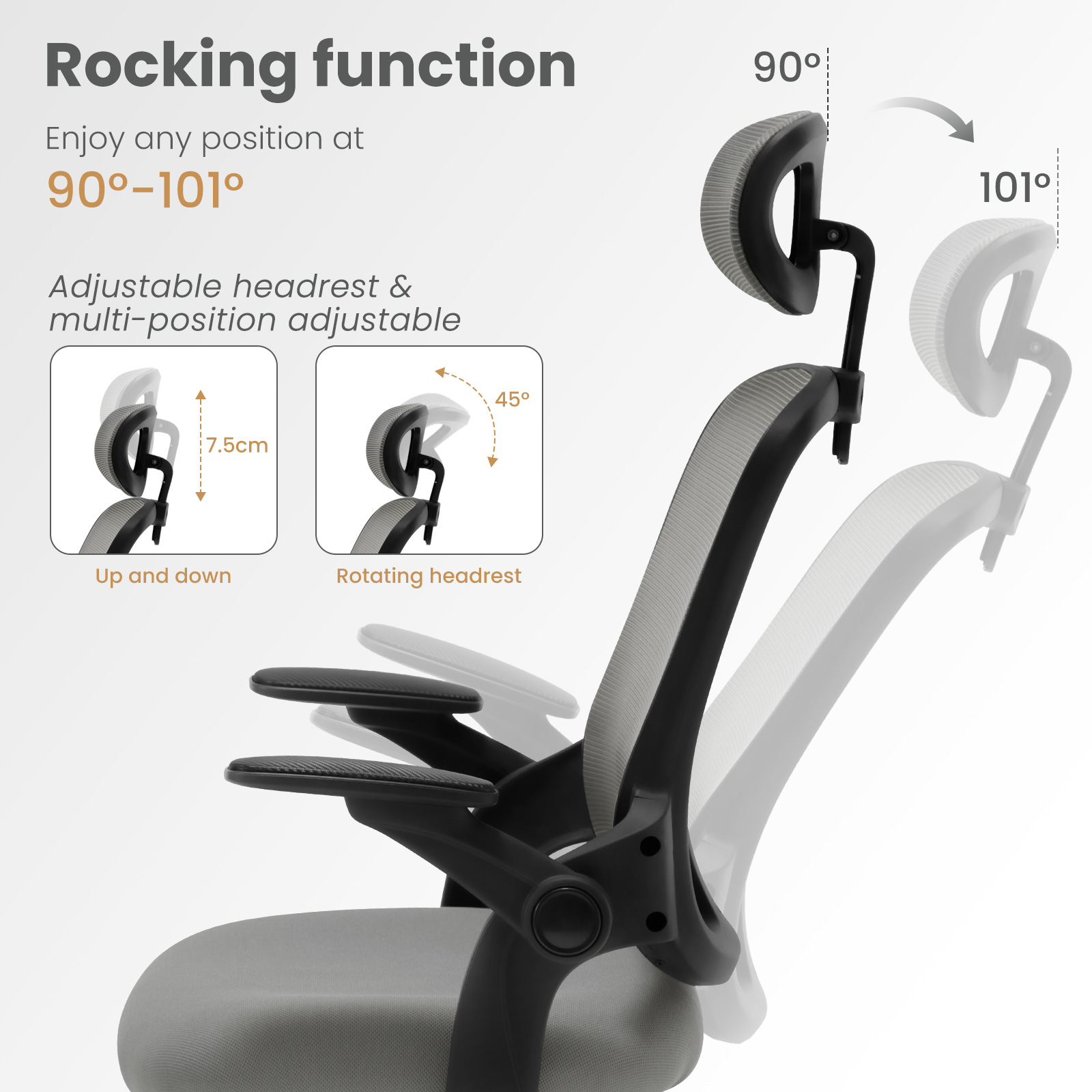 Ergonomischer Büro-Computer-PC-Schreibtischstuhl, drehbarer Netzstuhl mit Rollen, verstellbare Kopfstütze, Lordosenstütze, Heimarbeitsstuhl