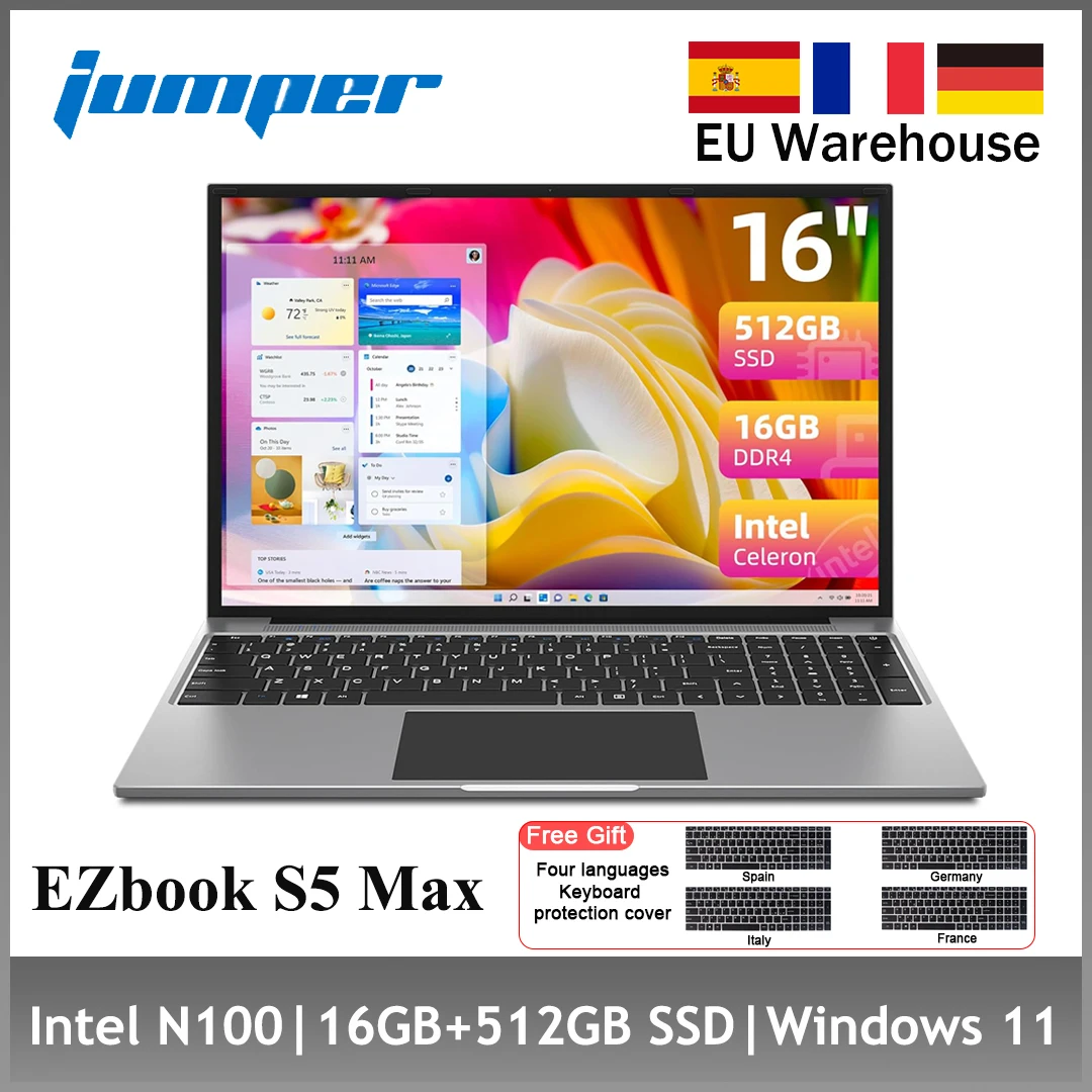 Jumper EZbook S5 Max Laptop 16 Zoll, 16 GB RAM 512 GB SSD, Prozessor Alder Lake N100 Notebook, Akku 38 Wh, zwei Lautsprecher, Typ-C