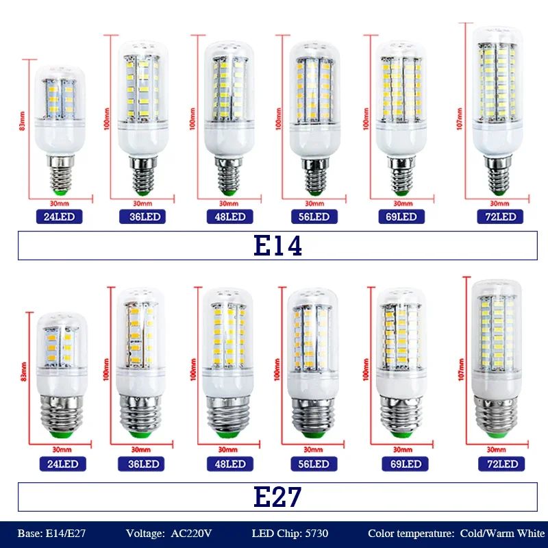 LED Bulb E27 E14 Led Candle Light Bulb AC 220V Lampada Table Corn Lamp Led 24 36 48 56 69 72leds Bombilla Chandelier Lighting