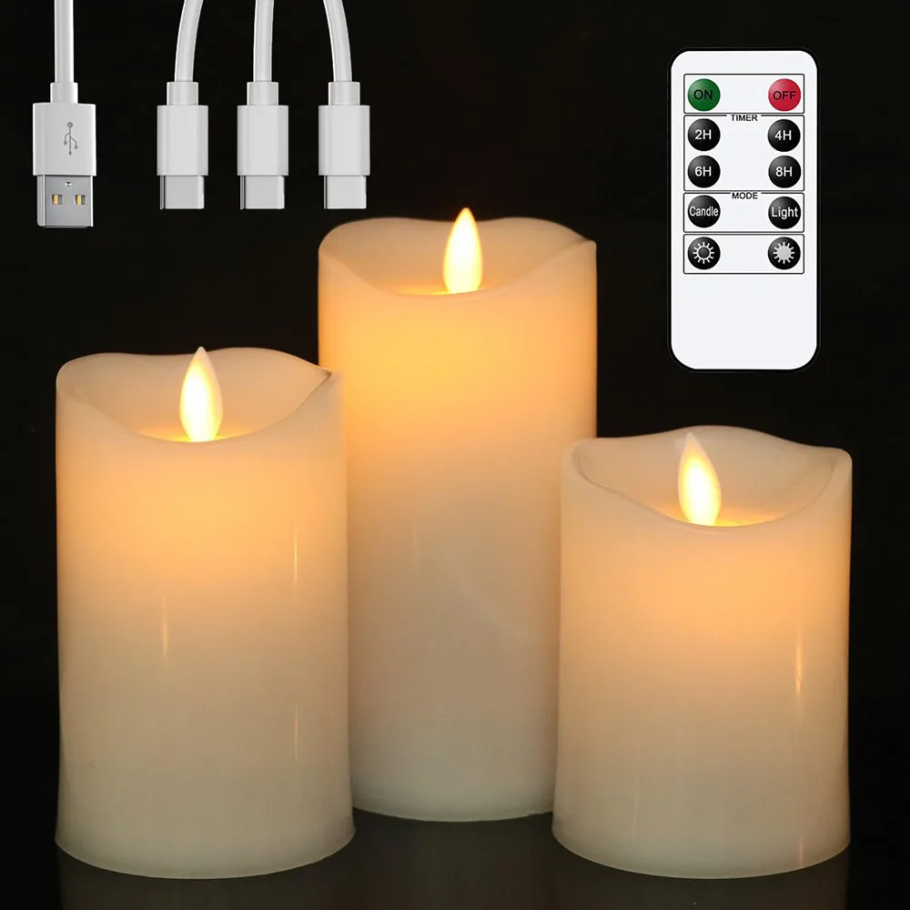 Velas eléctricas sin llama recargables por USB, mecha móvil, 3 unidades/juego de velas Led con control remoto para el hogar, Bar, fiesta, Navidad, decoración de boda