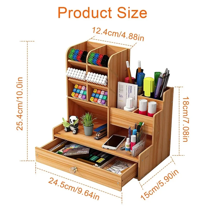 목재 책상 정리함, DIY 탁상용 깔끔한 펜꽂이, 대용량 문구 보관함, 서랍 포함, 가정 사무실 및 학교용