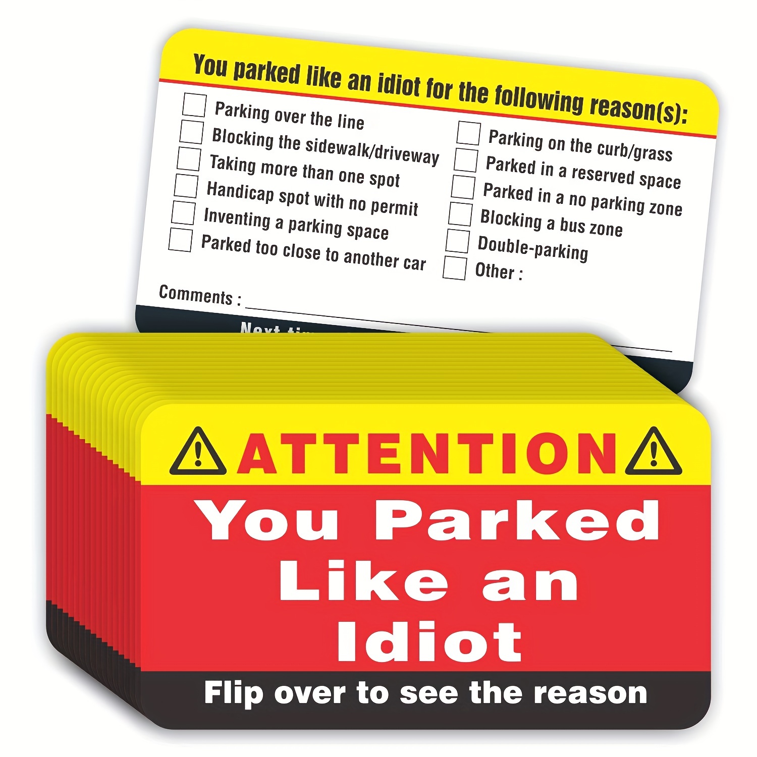 Tarjetas de visita You Park Like an Idiot (paquete de 50), tarjetas de estacionamiento defectuosas, relleno de calcetines para adultos con infracción de razones múltiples