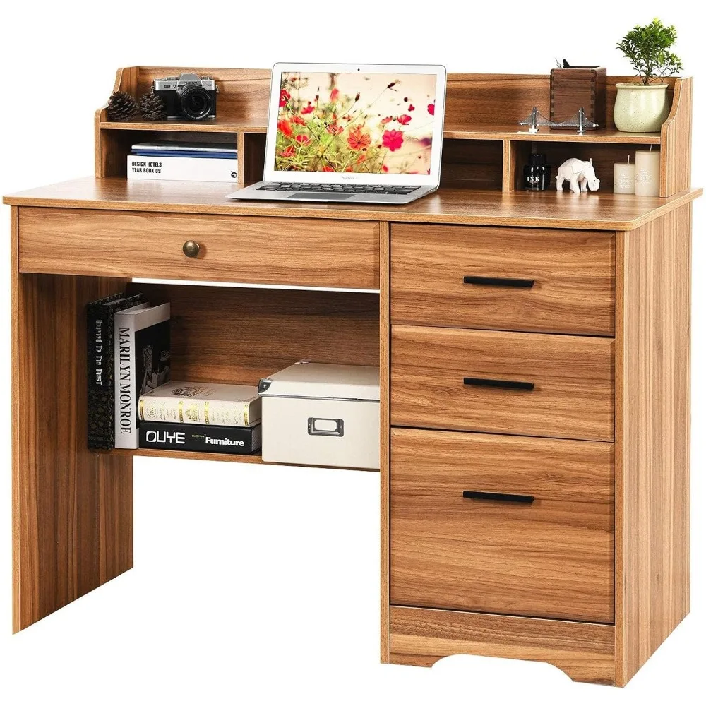 Computer Desk with Storage Drawers and Hutch, 44 Inch Home Office Desks with 4 Drawers & Monitor Stand for Small Space
