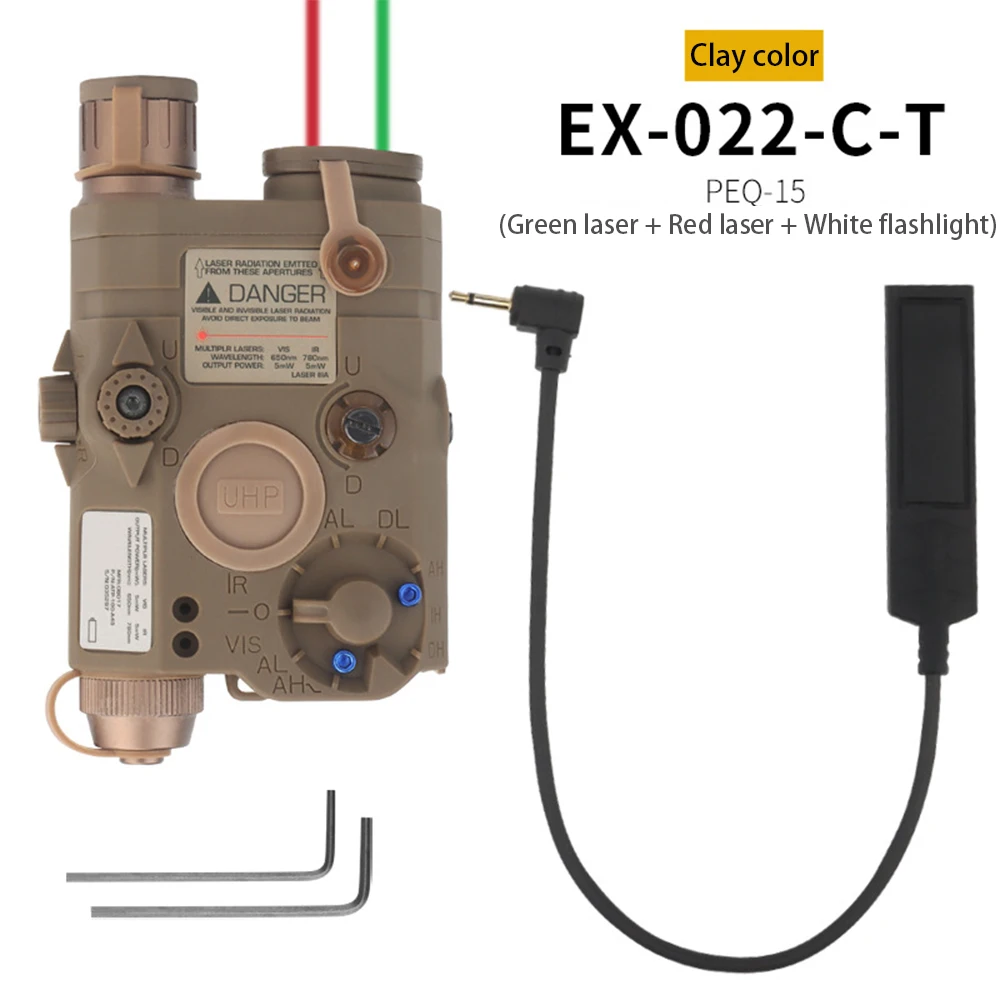 WoSporT PEQ-15 (เลเซอร์สีแดง + เลเซอร์สีเขียว + ไฟฉาย) ยุทธวิธีสีแดงสีเขียว Dual Laser Ray Indicator