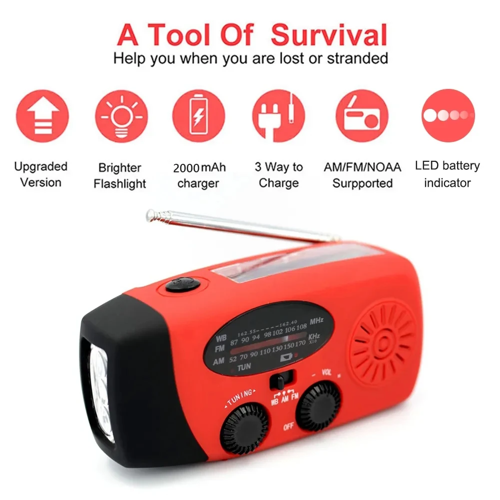 Radio awaryjne energia słoneczna korba ręczna odbiornik radiowy wysokiej jakości latarka LED światło Alarm SOS 2000mAh