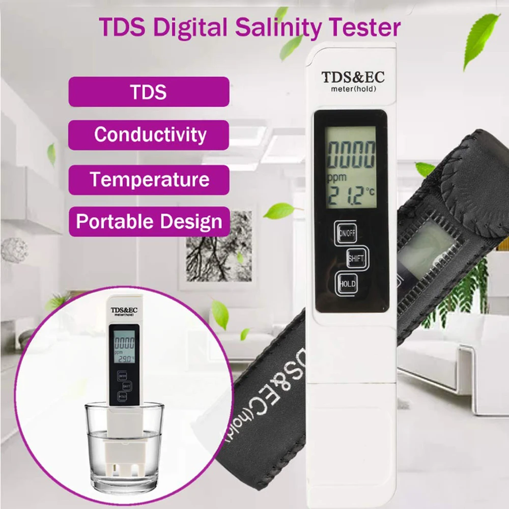 1PC 흰색 디지털 수질 테스터 TDS EC 미터 범위 0 ~ 9990 다기능 수질 순도 온도 TEMP PPM 테스터