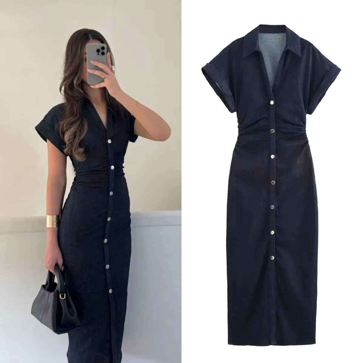 Primavera nueva serie 1975 vestido MIDI de mezclilla con solapa cremallera lateral moda cintura arrugada vestido elegante delgado
