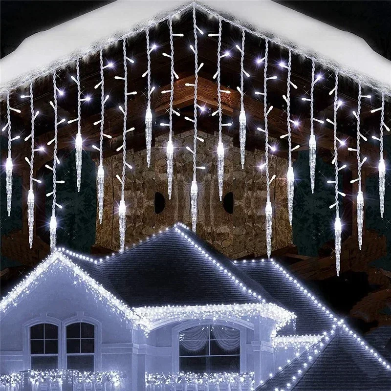 ตกแต่งคริสต์มาสสําหรับบ้านกลางแจ้ง LED Curtain Icicle String Light Street Garland บนบ้านฤดูหนาว 220V 2.8m Droop 0.6-0.8m