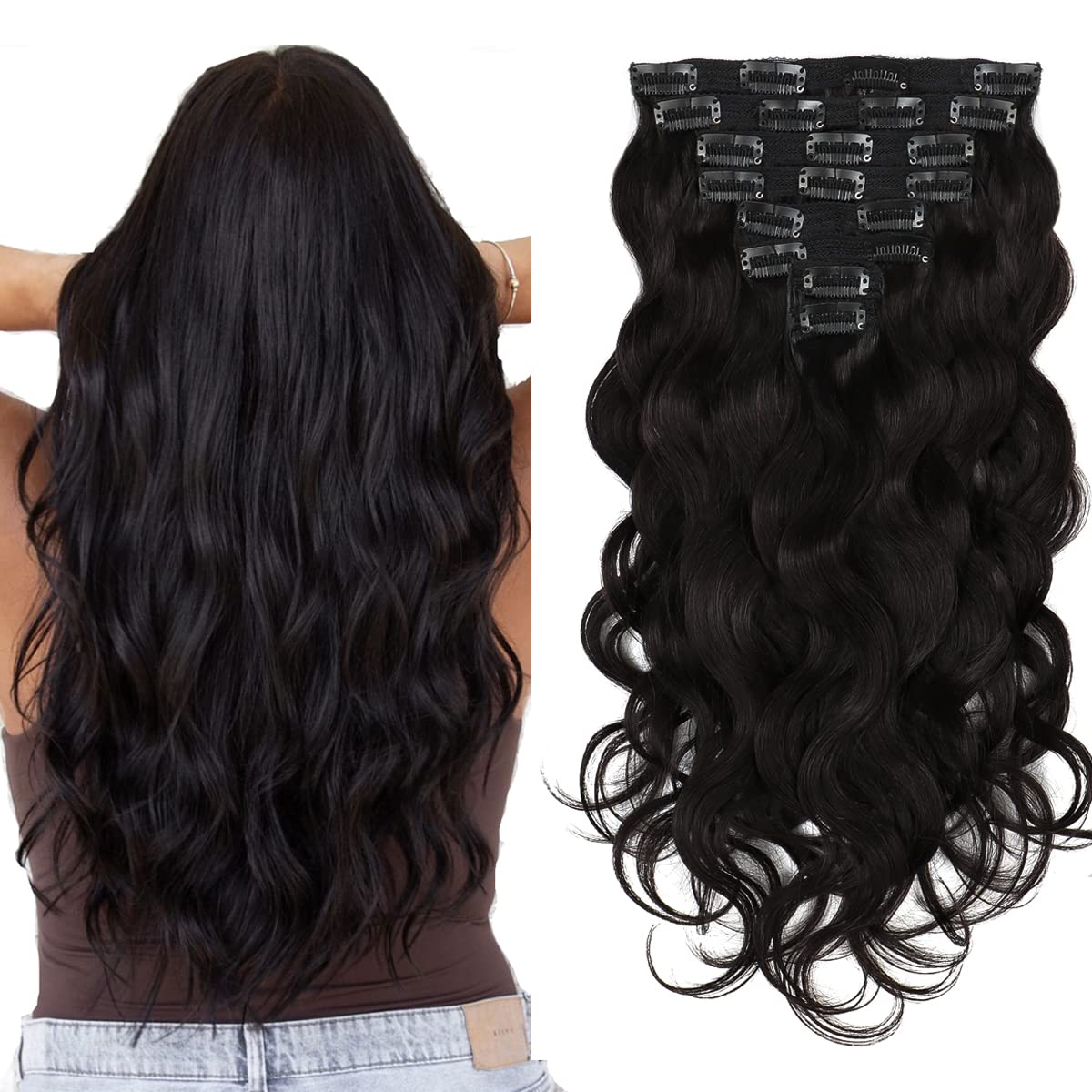 Body Wave Clip-in-Haarverlängerungen Echthaar Clip-in-Haarverlängerungen # 1B Vollkopf 8 Stück mit 120 Gramm Clip-in-Haarverlängerungen