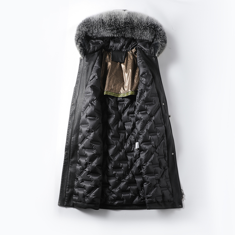 Abrigo de plumón de cuero genuino negro a la moda para mujer, abrigo con capucha de piel de zorro cálida con cordón para invierno, prendas de vestir exteriores de piel de oveja para mujer