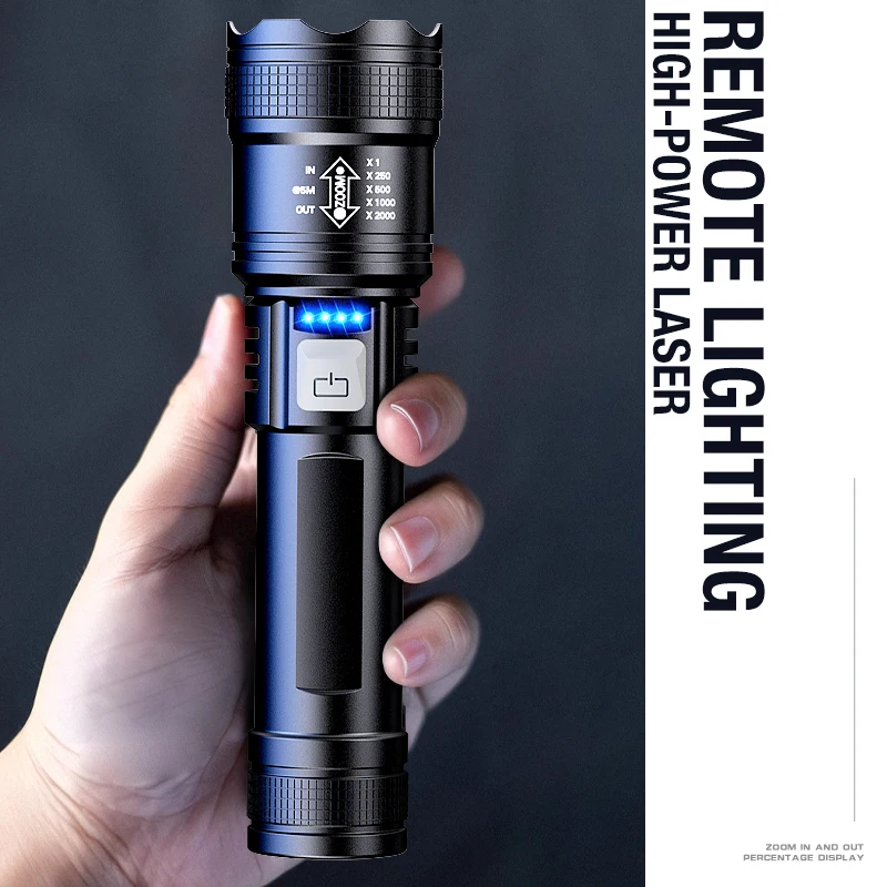 Linterna recargable de largo alcance con luz ultra fuerte para patrulla al aire libre, cañón aurora con zoom de foco, reflector láser c grande