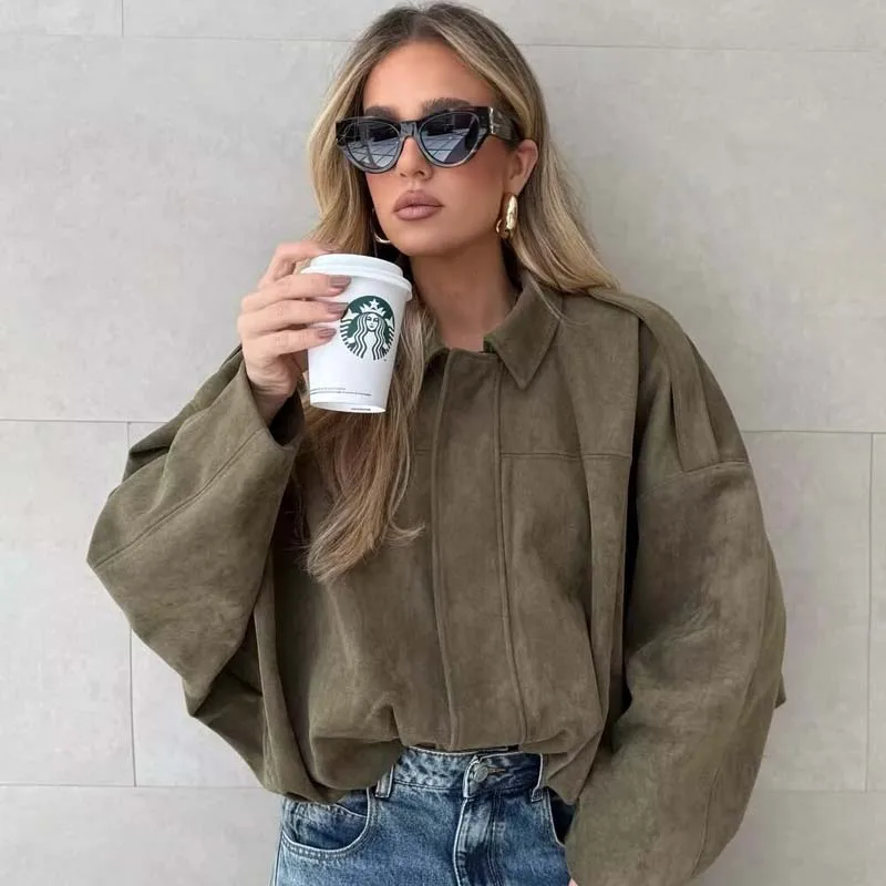 Yenkye novo 2025 mulheres camurça texturizado jaqueta bomber manga longa lapela gola solta casacos casuais femininos outerwear chiques topos