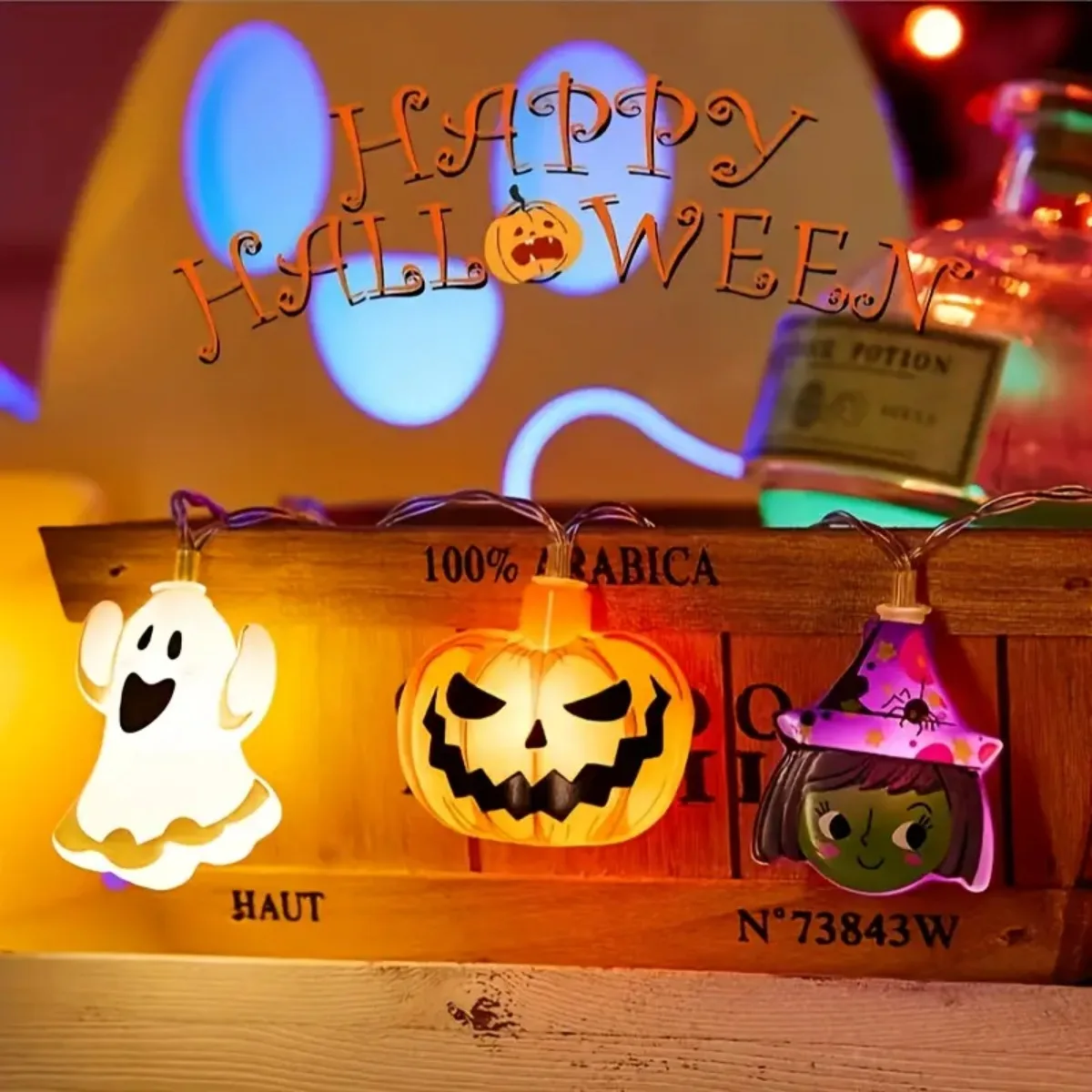 1PC ฮาโลวีน 10/20 LED แบตเตอรี่ขับเคลื่อนไฟ String Ghost แม่มดแมวฟักทอง Spider Web Skeleton Mummy โจรสลัดรูปร่างในร่ม
