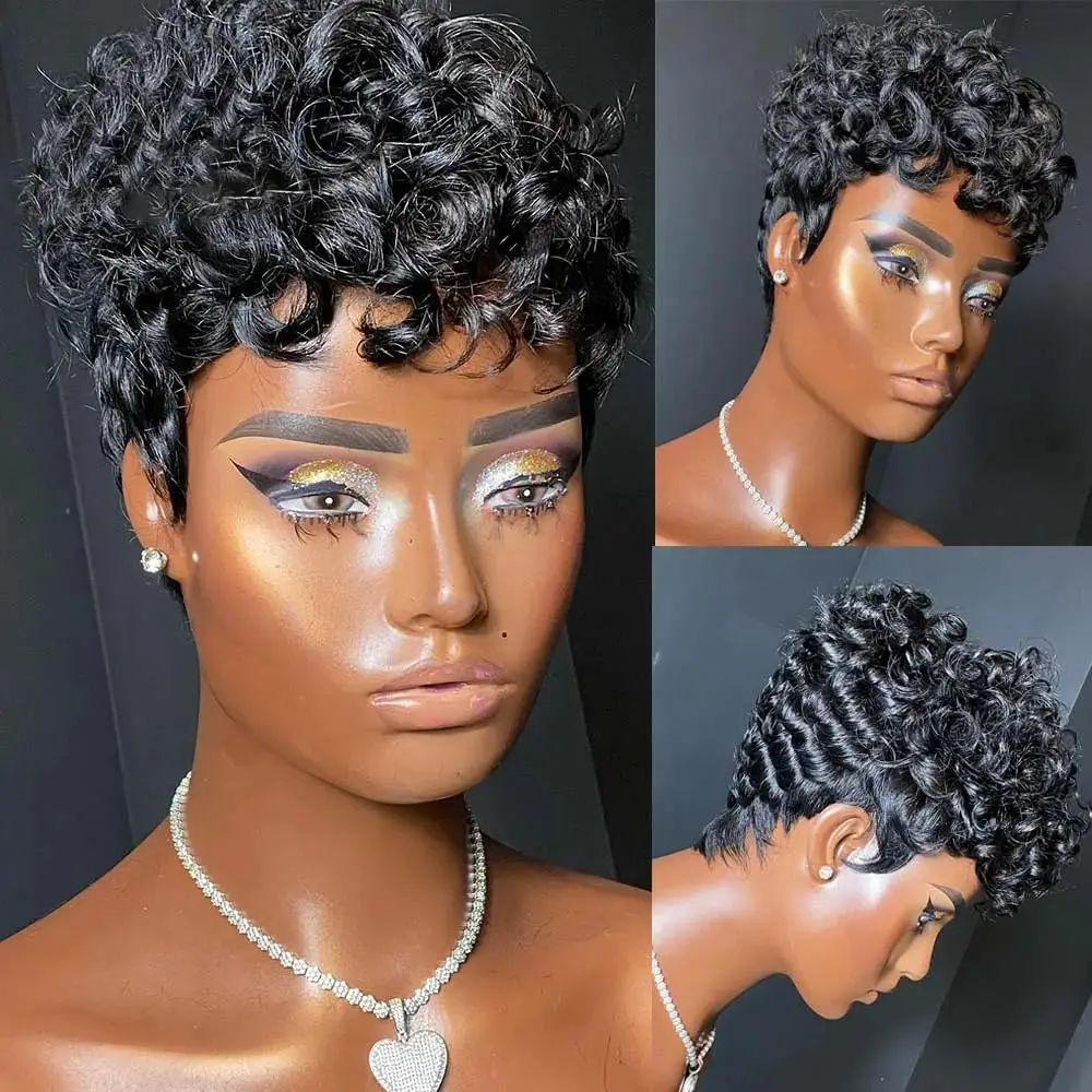 Hort Pixie Perucas para Mulheres Negras Curto Preto Encaracolado Pixie Perucas de Cabelo Sintético para Mulheres Negras Natural Ondulado Preto Pixie Cut Wi