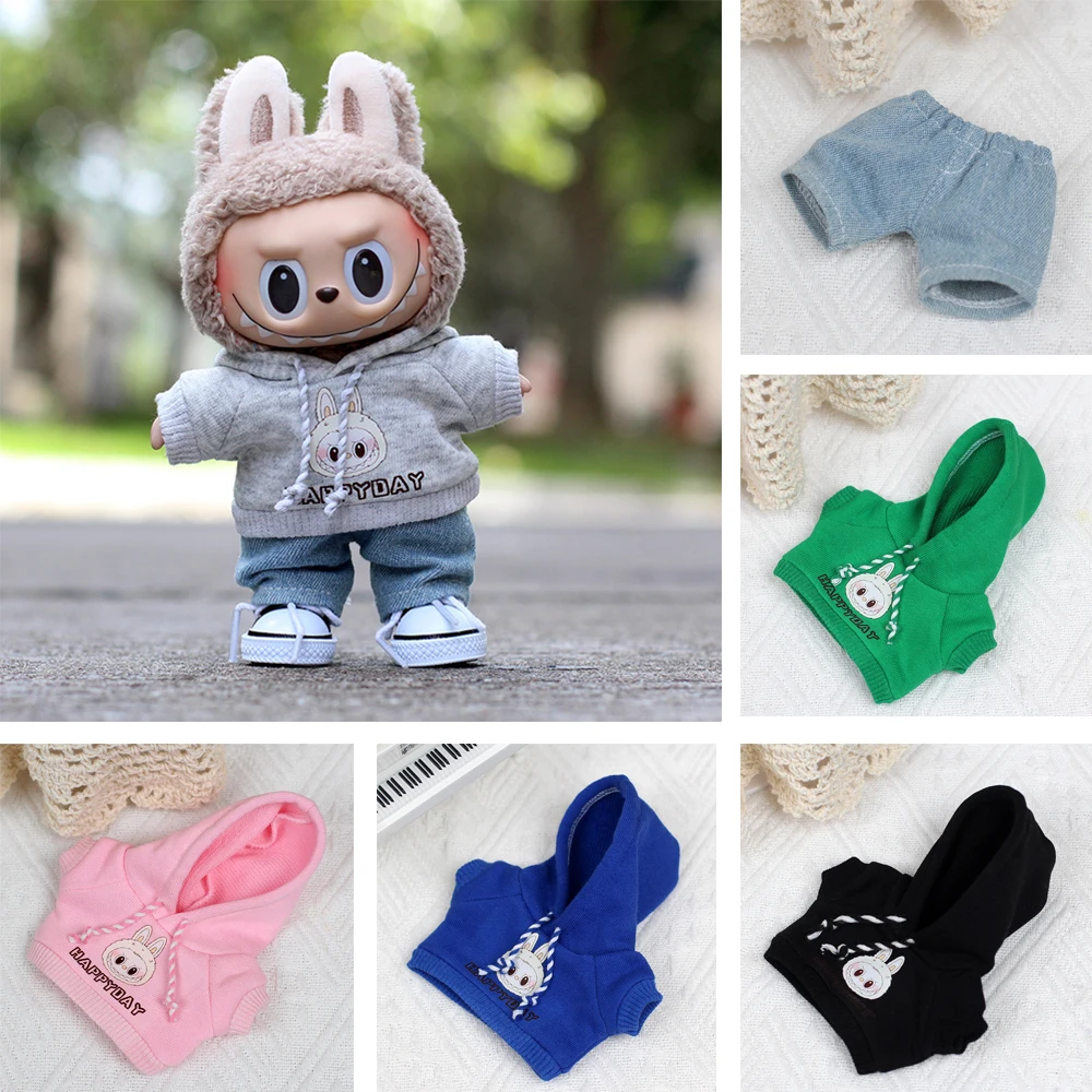 Para ropa de Labubu, accesorios de atuendo, Mini muñeca de 17cm, sudadera de ídolo Labubu II, Sudadera con capucha con batido de corazón, conjunto de pantalones vaqueros, ropa
