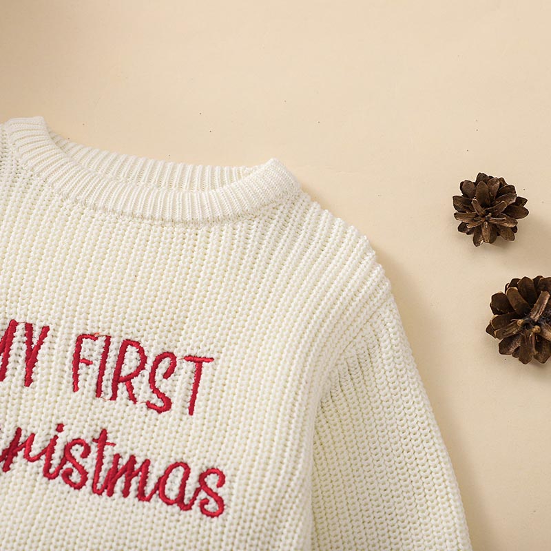 Baby Christmas Sweater Romper Letter Embroidery Long Sleeve Crew Neck Knit Bubble Jumpsuit