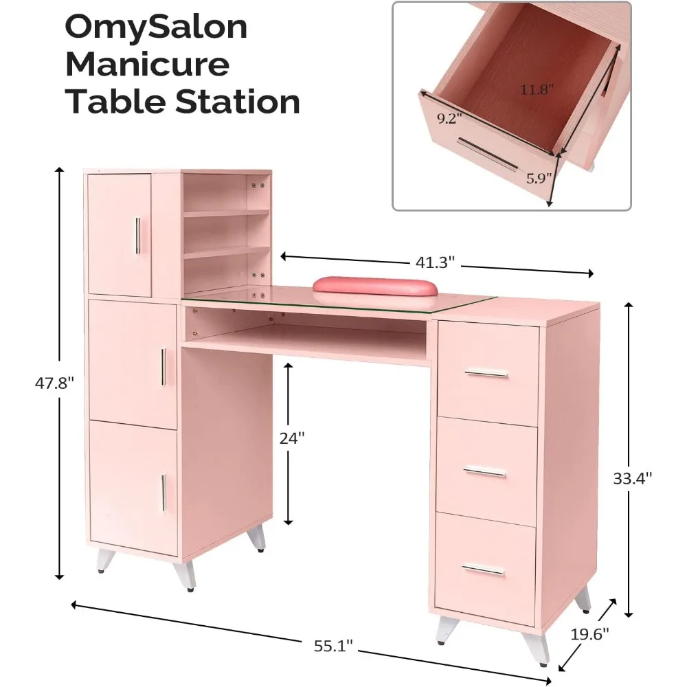 Manicure Table Nail Desk, Glass Top & Wrist Rest, 3 Side Cabinet+3 Drawers+3 Layers Open Cabinet+1 Open Drawer, Salon Nail Desk