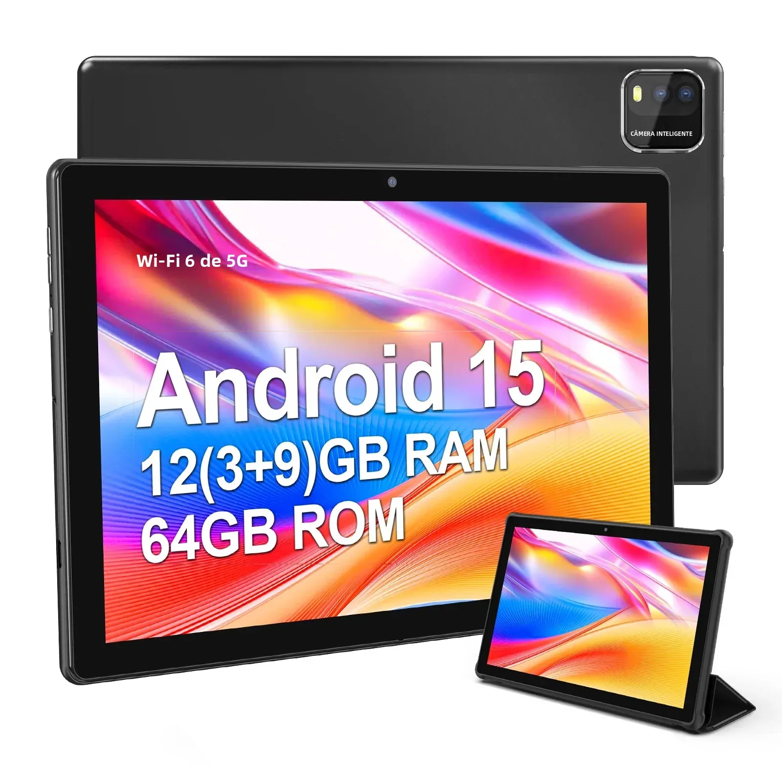 BAKEN Tablet Android 15 de 10 polegadas, processador quad-core, 12 GB (expansão 3 + 9) RAM + armazenamento de 64 GB, 5G WiFi, câmeras duplas 1280 * 800