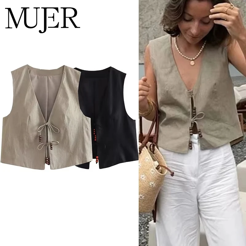 Muyer 2025 preto recortado colete feminino jaqueta beading amarrado sem mangas colete mulher moda com decote em v verão colete casacos curtos