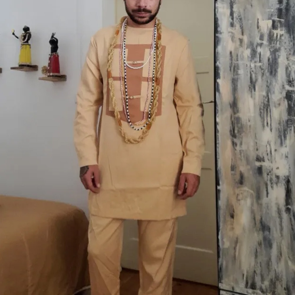 2025 masculino elegante manga longa terno camisa calças 2 peças em torno do pescoço costura cor sólida festa manga longa estilo étnico africano