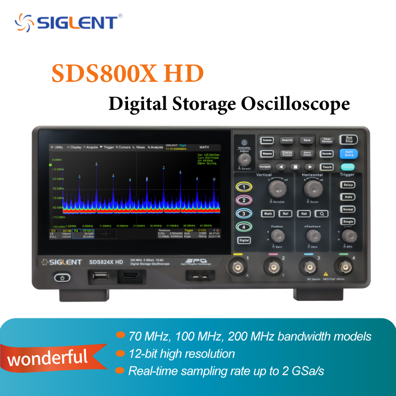 Siglent SDS802/804/812/814/822/824X HD Osciloscópio de alta definição, resolução de 12 bits, 2/4 canais, largura de banda 70 MHz