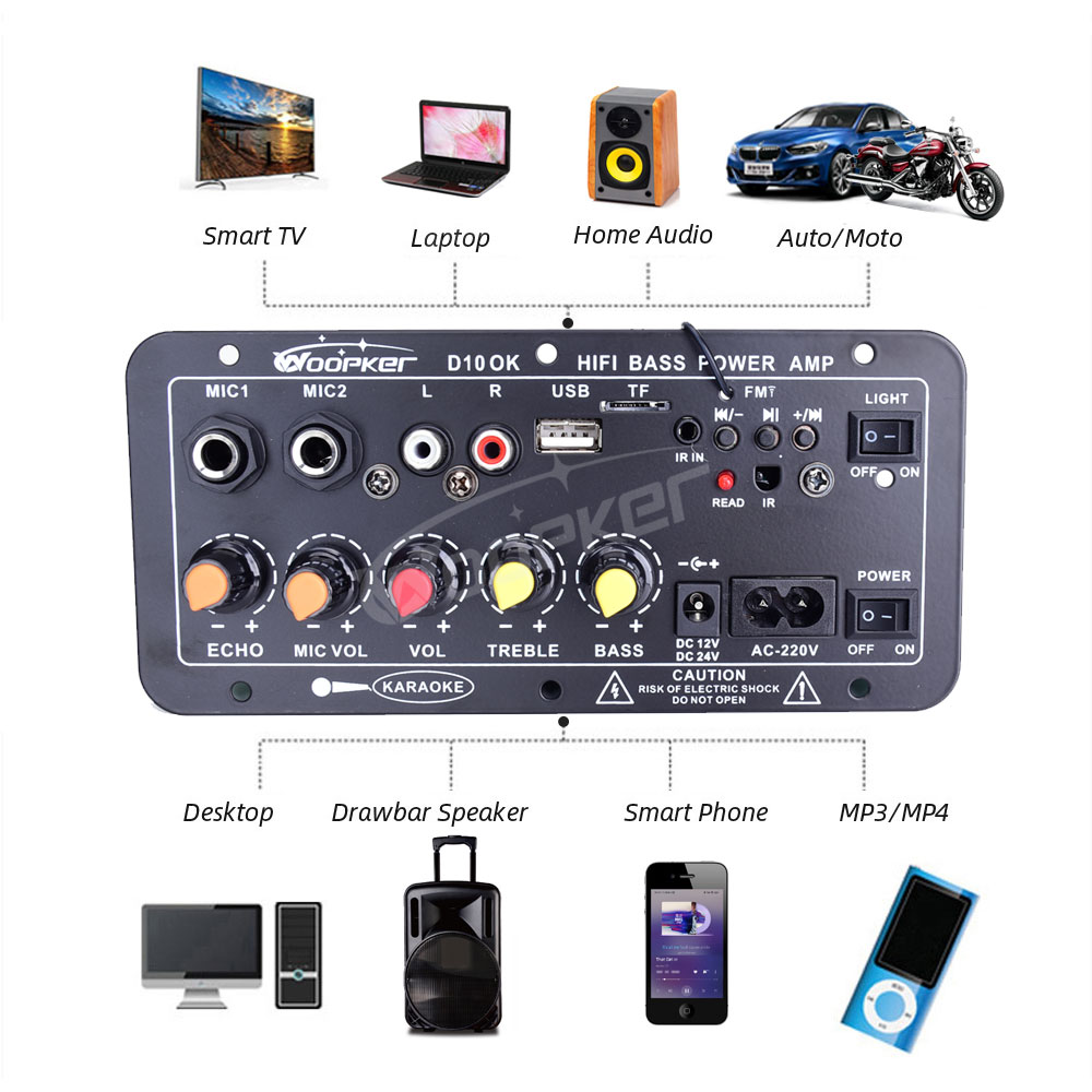 Woopker Khuếch Đại Âm Thanh Ban 30-120W Hỗ Trợ Micro Kép Bluetooth Amplificatore Subwoof Cho 4Ohm Loa 12V 24V 110V 220V