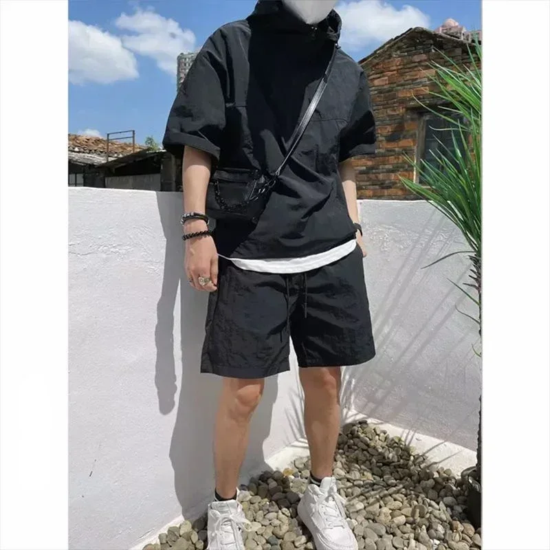 Zomer Japanse Sle Hoodie Shorts voor heren, tweedelige set, losse pasvorm, lichtgewicht, trendy werkkleding, casual mode, jeugdkleding