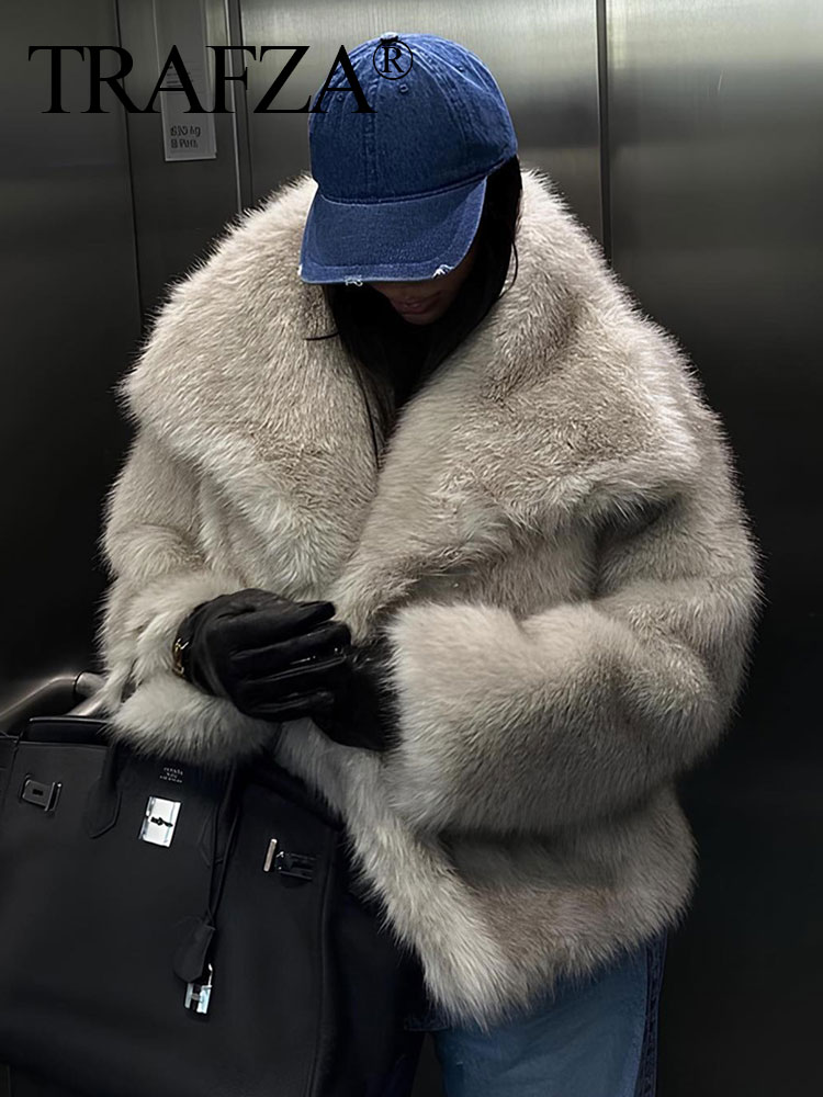 TRAFZA 2024 Weibliche Vintage Mantel Künstliche Pelz Wirkung Kurze Jacke Frau Warme Plüsch Elegante Casual Revers Kragen Dicke Oberbekleidung