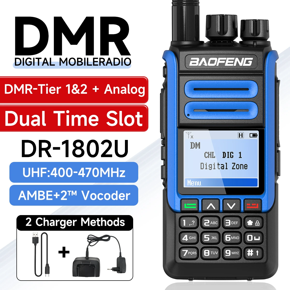 BAOFENG DR-1802U DMR Digitales Walkie-Talkie Dual Time Slot Tier 1+2 Dual Mode Ham Two Way Radio für Reisen