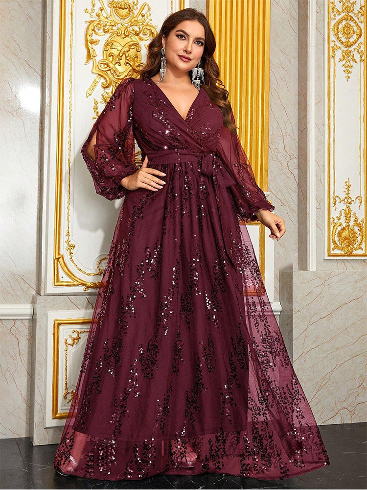 Vestido de noche de banquete de talla grande con bordado de lentejuelas brillantes color Burdeos, lujoso vestido de fiesta de graduación de talla grande