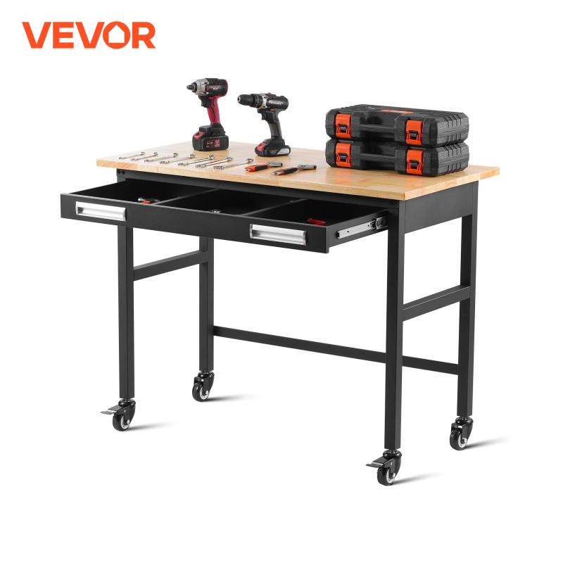 VEVOR Banco de trabajo de 1500 libras, banco de trabajo de garaje con ruedas y cajón deslizante, mesa de trabajo superior de madera de roble para taller