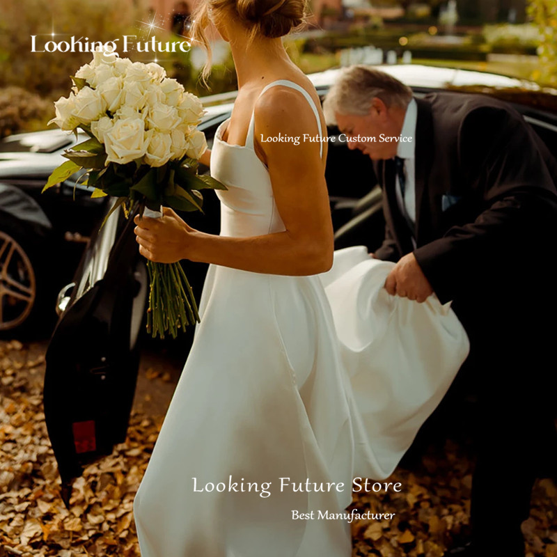 Abito da sposa classico lungo bianco A-Line Colletto quadrato Cinghie per spaghetti Piega formale Vintage Backless Alto limo Crescido Personalizzato