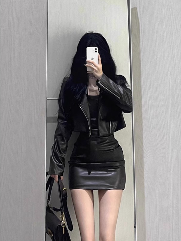 Short PU Leather Jacket Women's Motorcycle Sle Two-Piece Set Autumn High-End Feel Commute Loose Fit Long Sleeve  Collar