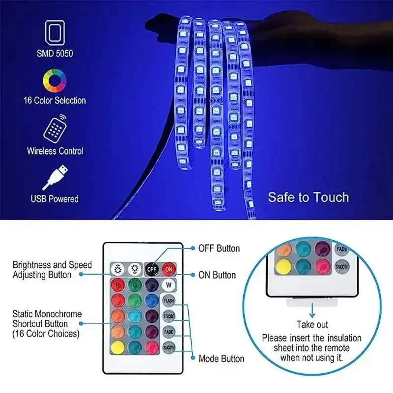 ไฟ RGB 5050แถบไฟ LED ยูเอสบี5โวลต์สายริบบิ้นยืดหยุ่นได้หลอด LED 30 LED/m หรี่แสงได้สำหรับตกแต่งบ้านห้องปาร์ตี้