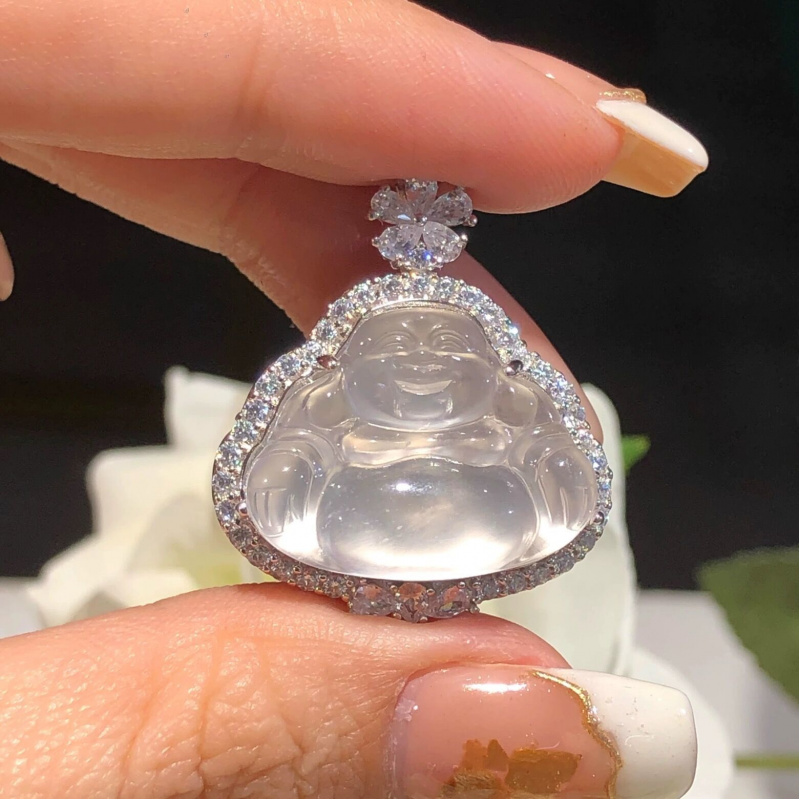 Jade Inlaid Buddha Pendant Maitreya Laughing Buddha Amulet for Safety White Ice Jade Necklace Pendant Holiday Gift
