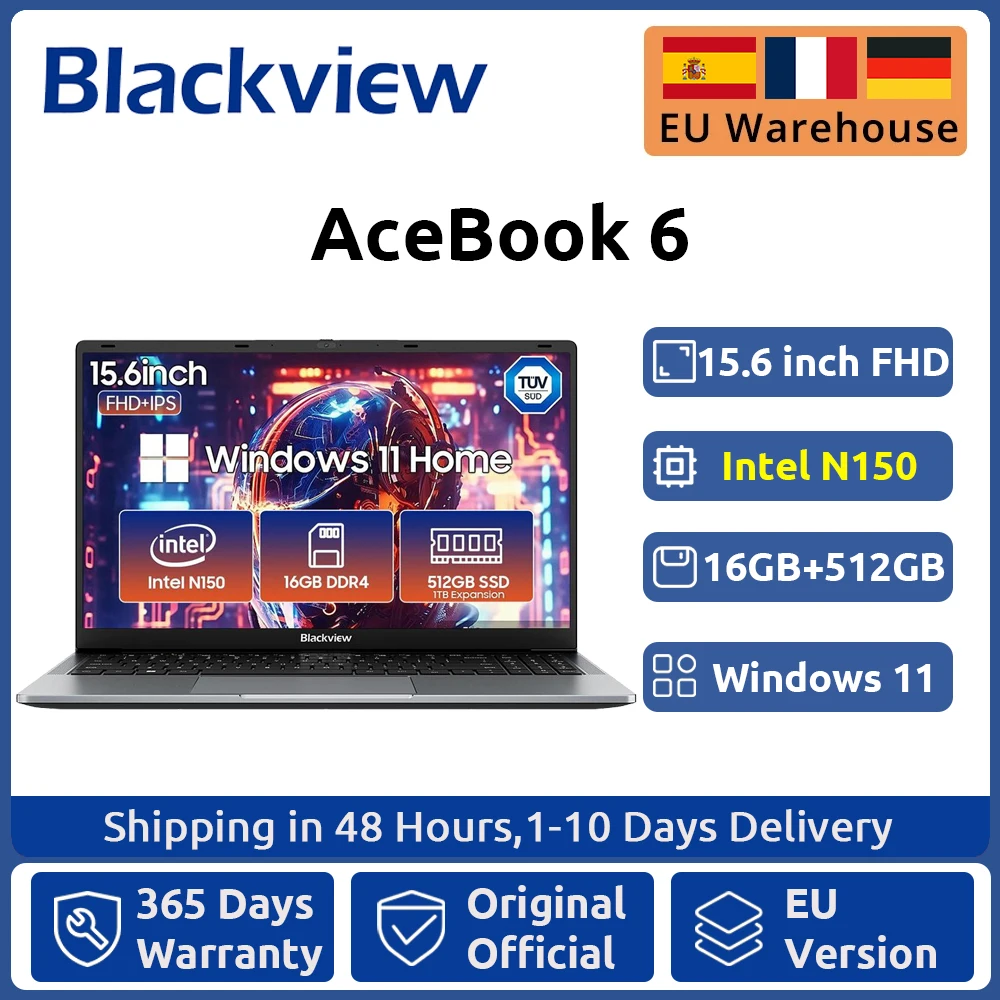 Blackview AceBook 6 Laptop 15.6" FHD IPS Intel Twin Lake N150 16GB RAM 512GB SSD + espansione fino a 1TB Windows 11 Home Notebook