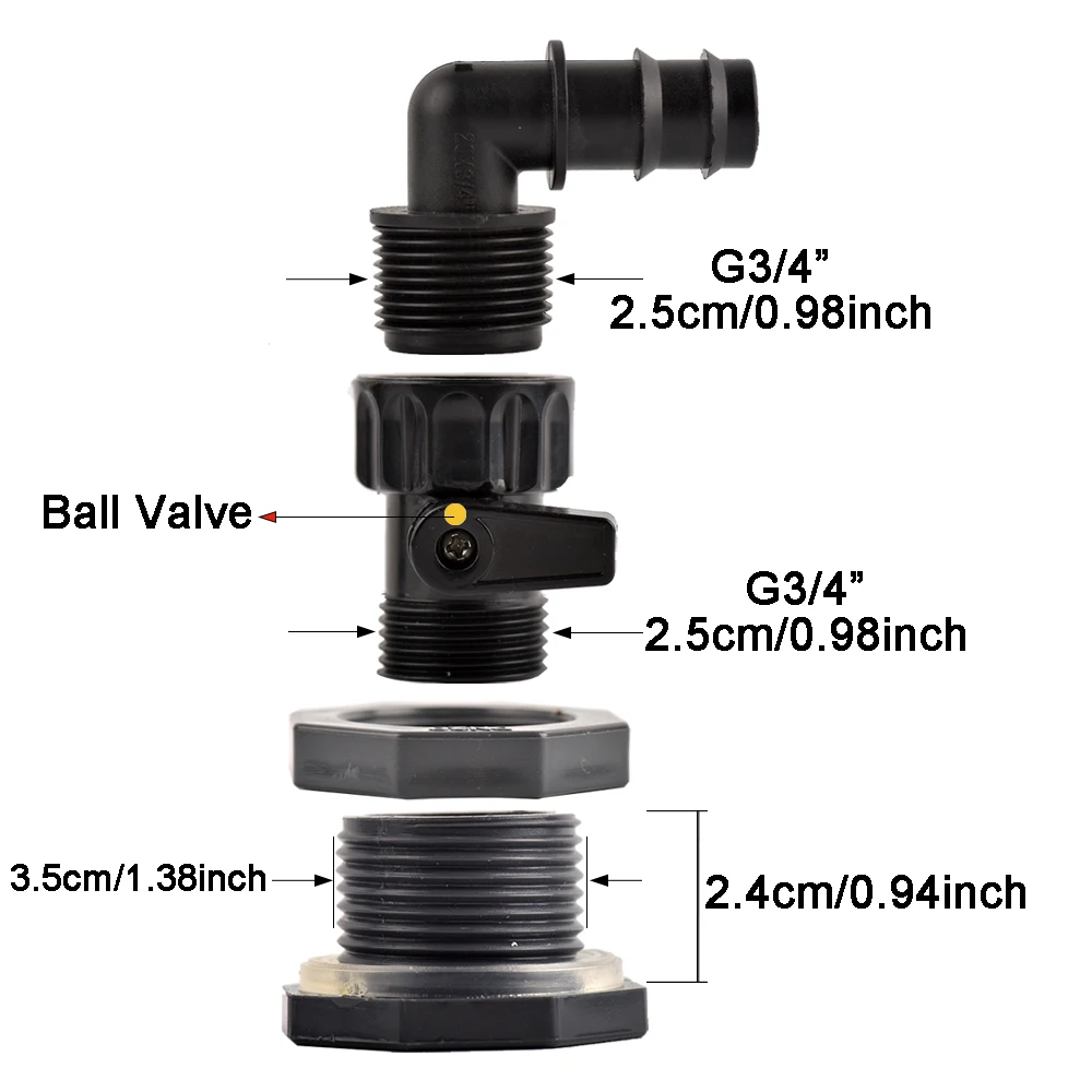 Rain Barrel Overflow Kit, 3/4 Inch Rain Barrel Valve, Barbed Fittings Connectors Tee Elbow Water Pipe Fittings