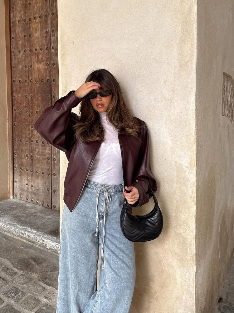 女性用単色PUレザージャケット,長袖,ジッパー付きショートコート,ストリートファッション,秋,2024