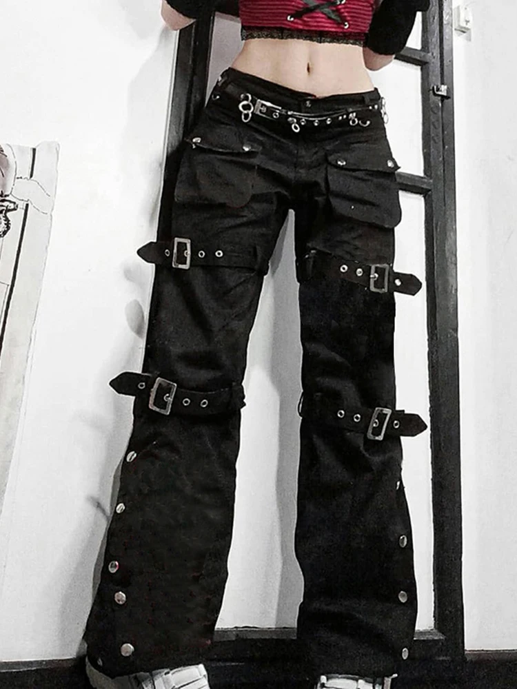 Ösenschnalle Cyber Punk Goth Baggy Jeans Y2K Woman Techwear Dark Academic Solid E Girl Cargohose Denim Gothic Hippie Hose