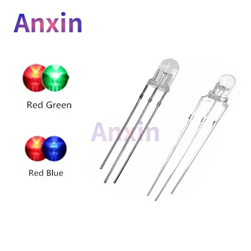 50 Uds 3mm 5mm lámpara bicolor rojo verde azul ánodo común/cátodo 3 pines tipo nebuloso difuso resaltar diodo emisor de LED KIT de bricolaje