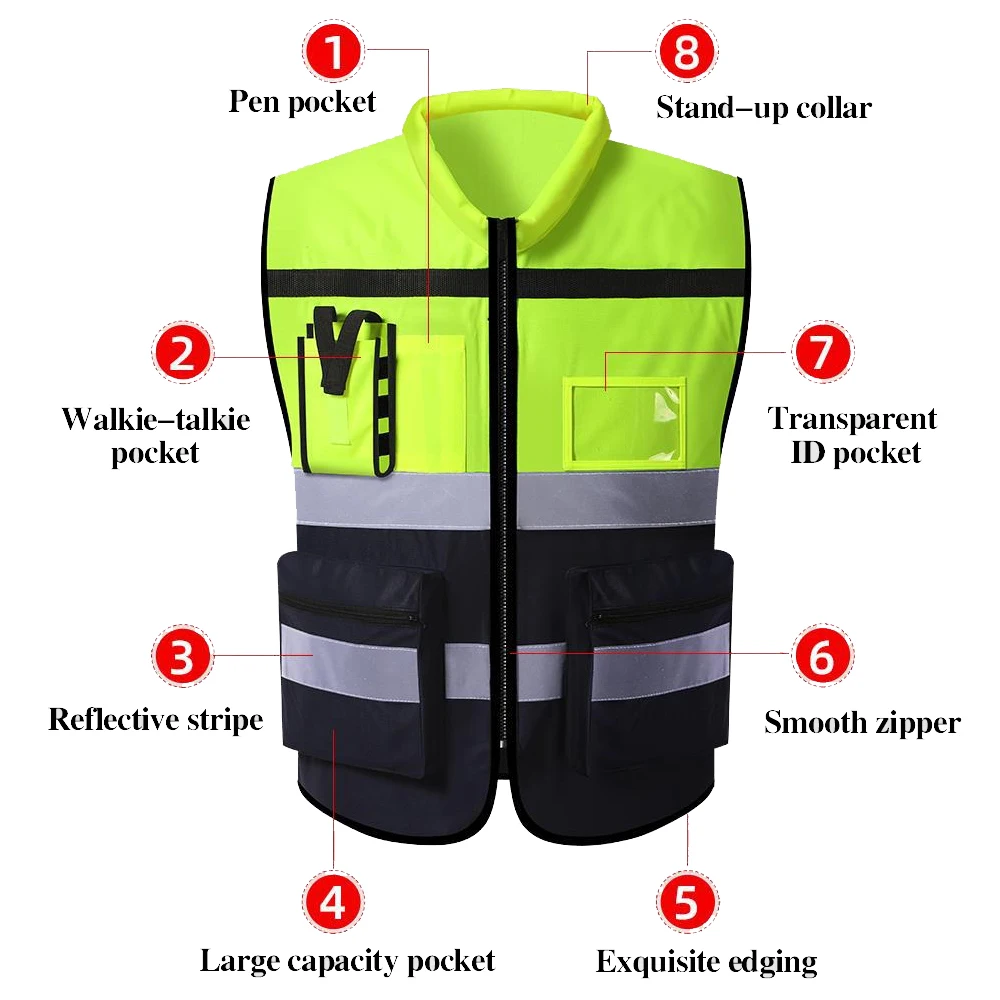 Custom LOGO Safety Vests with Pockets and Zipper Construction Working Clothes High Visibility Security Clothing
