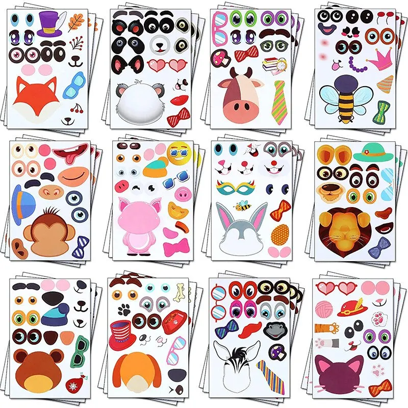 12 Lenzuola Per Bambini FAI DA TE Puzzle Giochi di Adesivi 12 Animali Volto Divertente Assemblare Puzzle Adesivi Per Bambini Giocattoli Educativi Delle Ragazze Dei Ragazzi Regali