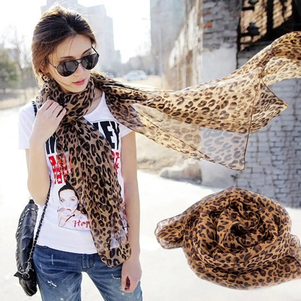 Lenço de leopardo vintage moda macio chiffon xale cachecol feminino inverno animal impressão cachecol leopardo cachecol para mulher