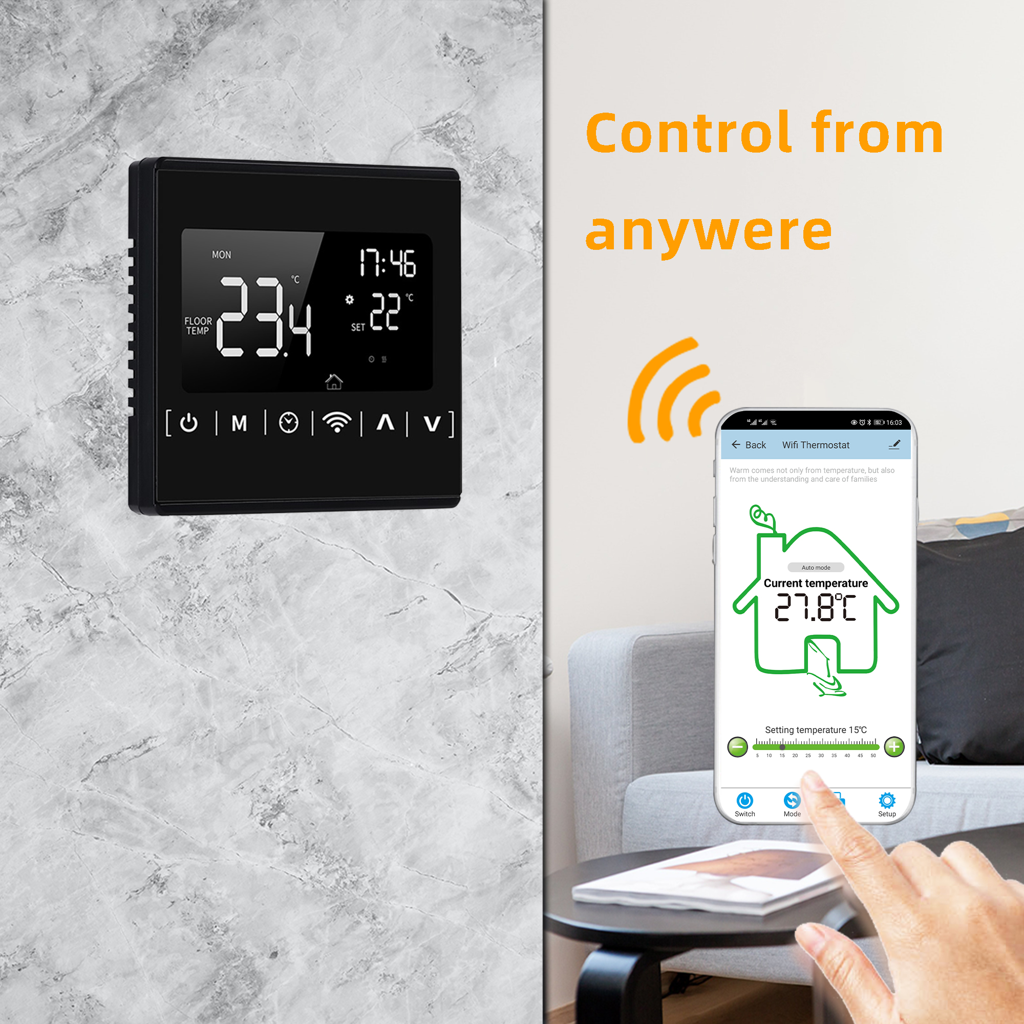 Controlador de temperatura con pantalla táctil completa WiFi, termostato de calefacción de suelo con luz trasera negra de amplio voltaje