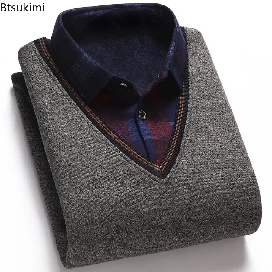เสื้อสเวตเตอร์คอปกเชิ้ตสำหรับผู้ชาย, เสื้อสเวตเตอร์คอปกันหนาวสีพื้นหนาขนแกะอบอุ่นใส่ได้หลายโอกาส2024ใหม่ฤดูใบไม้ร่วงฤดูหนาว