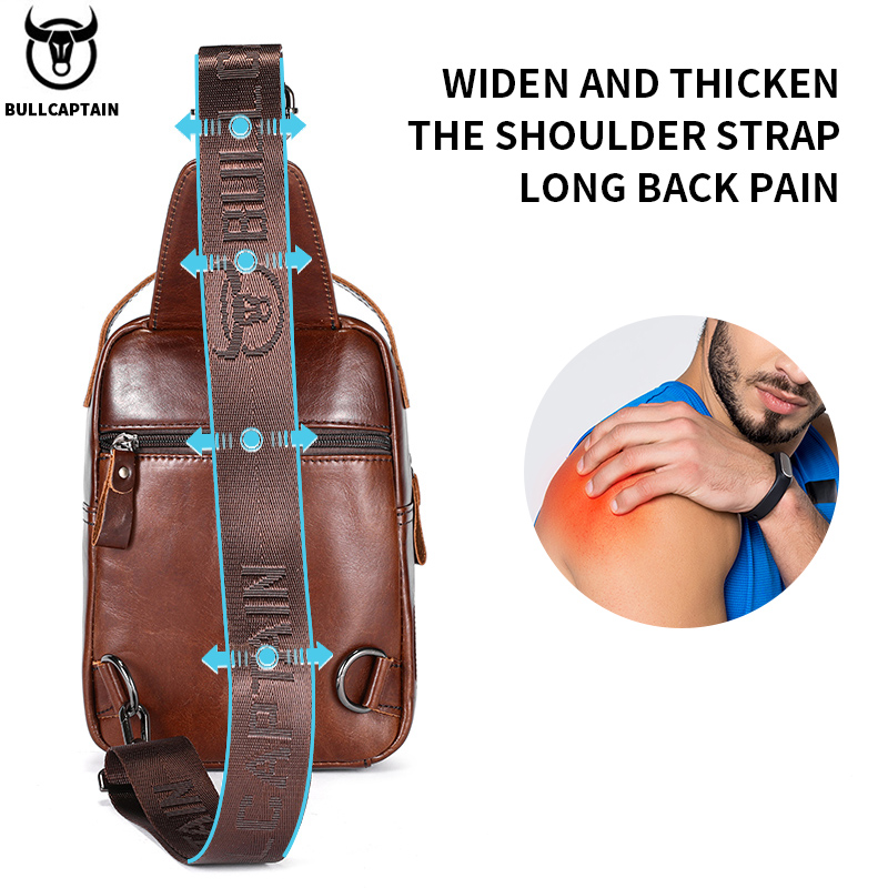 Bullcaptain bolsa de peito de couro genuíno masculina casual retro 7.9 polegadas bolsa para celular multifuncional anti-roubo bolsa crossbody