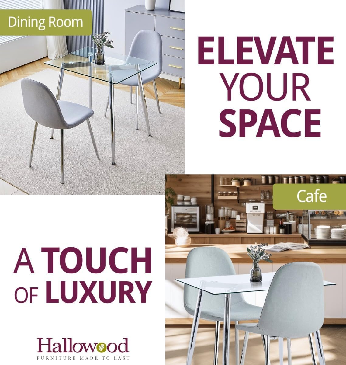 Furniture Cullompton Table and Chairs Set 2, Rectangular Glass Dining Table and Grey Fabric Chairs, Kitchen Table and