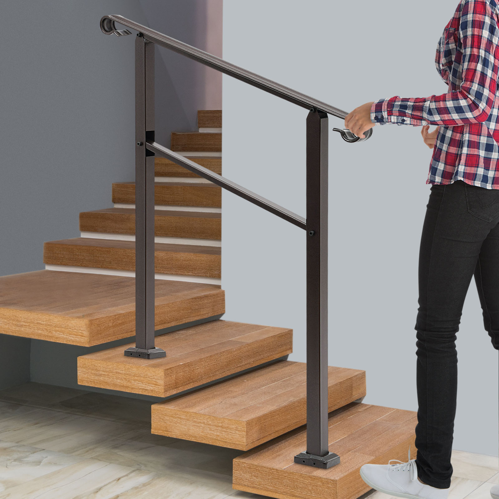 Pasamanos para exterior, pasamanos de escalera de acero al carbono, para suelo plano o pasamanos de 3 escalones