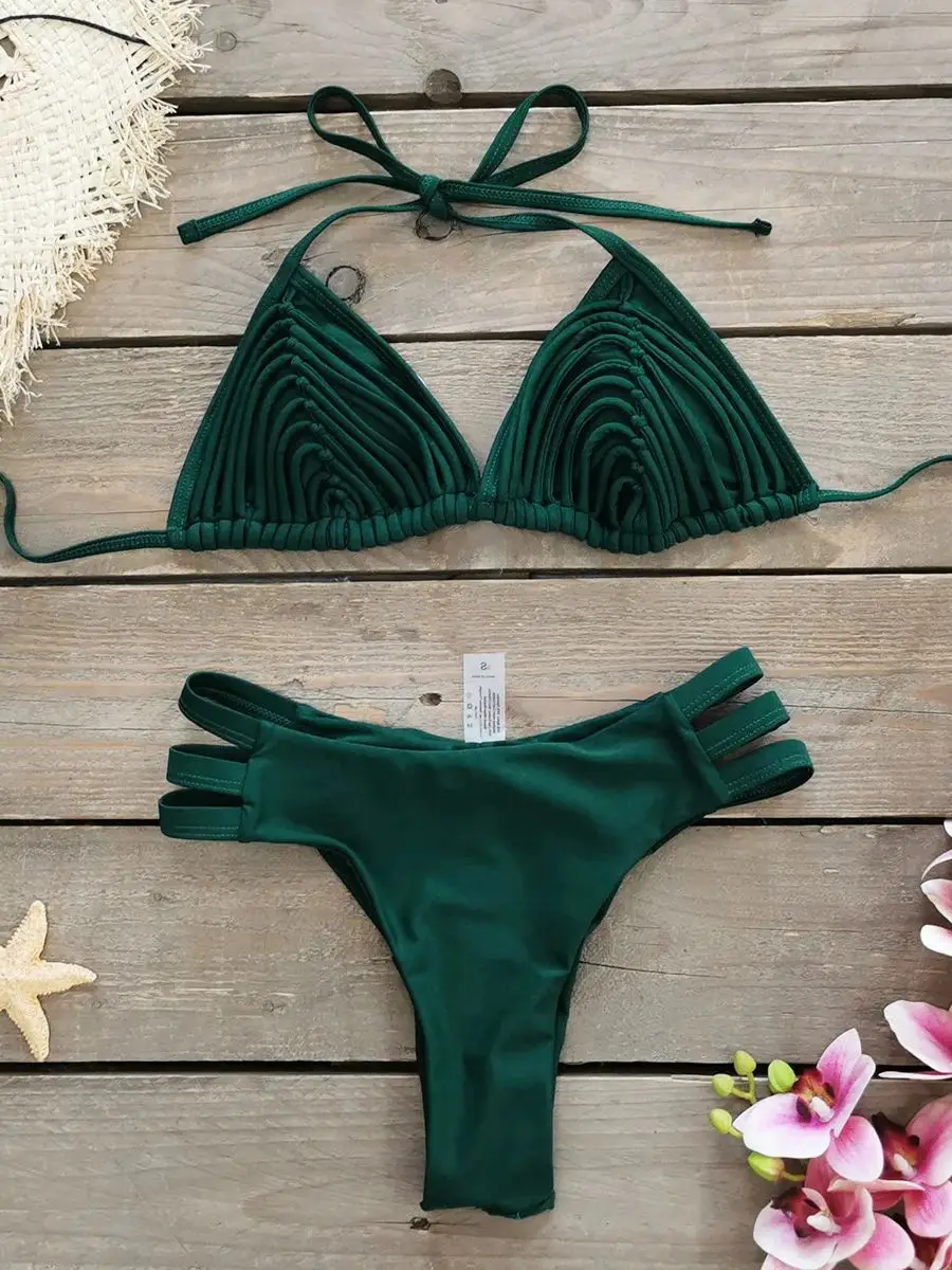 Maillot de bain brésilien confortable, string, bandes, garniture à rayures, col licou, ensemble deux pièces, nouvelle mode, coussinet de poitrine, vêtements de plage, 2024